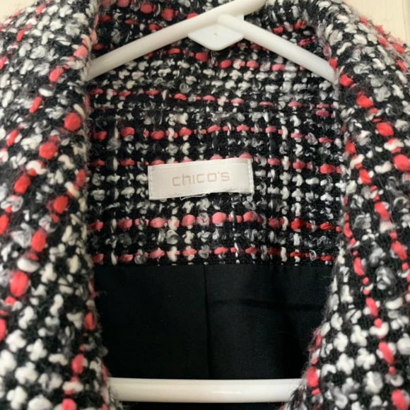 🌷3 for$20🌷Chico's, US M, Pink, Black, White & Grey Plaid Fringe Coat - Picture 6 of 6